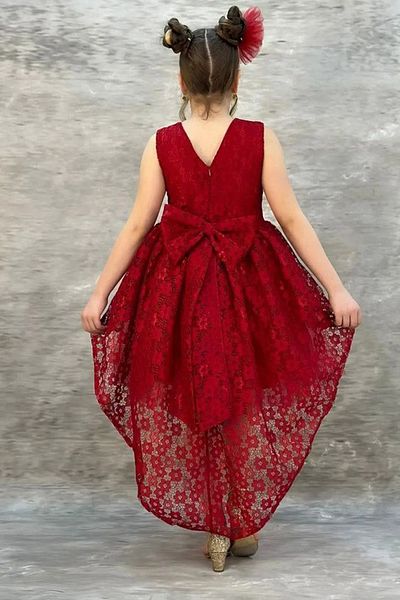 mashokids Red Children's Evening Dress - Salsa Train, Floral Print and Bow Detail