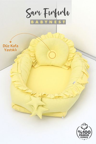 Umaybebek Babynest، سرير نوم للأطفال 0-2 سنة - 100% قطن - كشكش أصفر