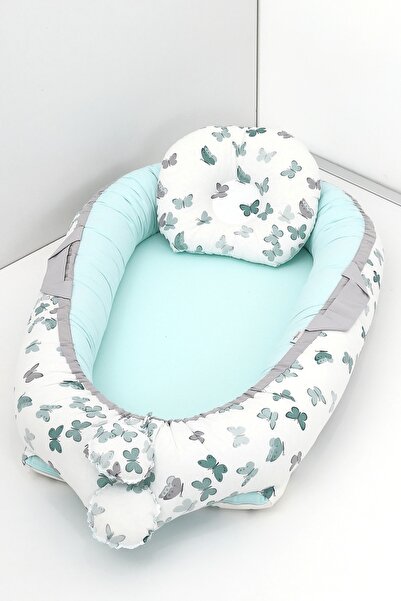 Umaybebek Babynest, Baby Sleeping Bed 0-2 Years - Cotton Fabric - Green Butterfly