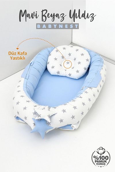 Umaybebek Babynest، سرير نوم للأطفال 0-2 سنة - 100% قطن - نجمة بيضاء زرقاء