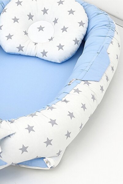 Umaybebek Babynest, Baby Sleeping Bed 0-2 Years - 100% Cotton - Blue White Star