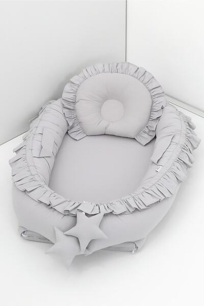 Umaybebek Babynest, Baby Sleeping Bed 0-2 Years - Cotton Fabric - Gray Ruffled