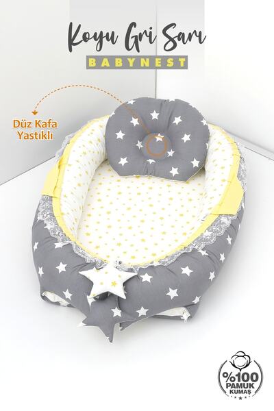 Umaybebek Babynest, Baby Sleeping Bed 0-2 Years - Cotton Fabric - Dark Gray Yellow