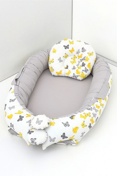 Umaybebek Babynest، سرير نوم للأطفال بعمر 0-2 سنة - قماش قطني - فراشة رمادية صفراء
