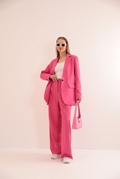 POFUNNY Atlas Kumaş Oversize Kadın Ceket/palazzo Pantolon Ikili Takım