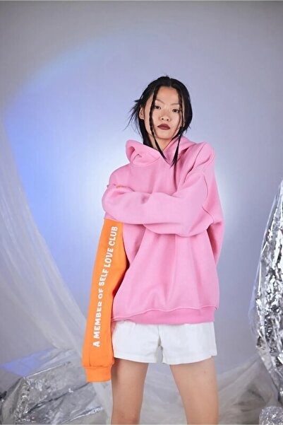 Machetta Μεγάλο μέγεθος ροζ μανίκι με κουκούλα πορτοκαλί Λεπτομερές Vibe Printed Oversize Unisex φούτερ