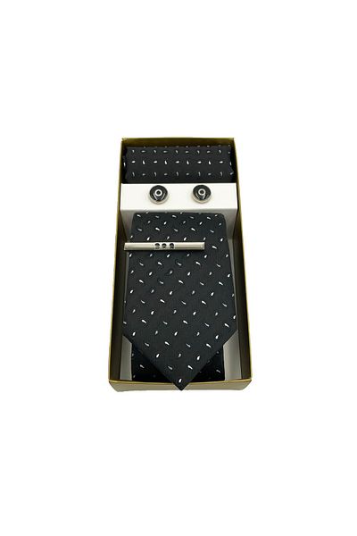 Brianze Black Small Shawl Pattern Tie Handkerchief Cufflink and Tie Clip Gift Set