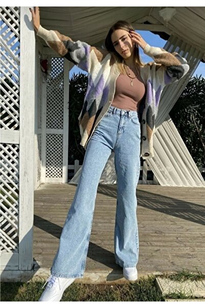 sinembutik Julia 90's Kar Yıkama Mavi Likralı Süper Yüksek Bel Salaş Jeans Palazzo Pantolon