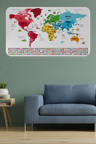 lilafil Turkish Educational Woman - Atlas World Map Wall Sticker with Capital Detail