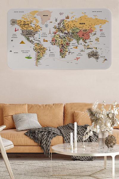 dericom Turkish Educational World Map - Atlas Wall Sticker with Country and Capital Detail