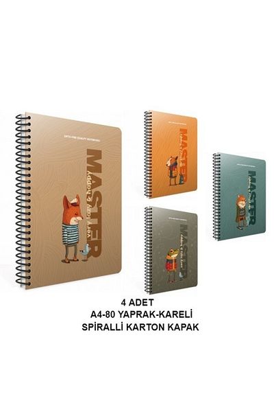 Gıpta Lazy Master Spiral Cardboard Cover Notebook A4 80 Sheets Checkered (4 Pieces)