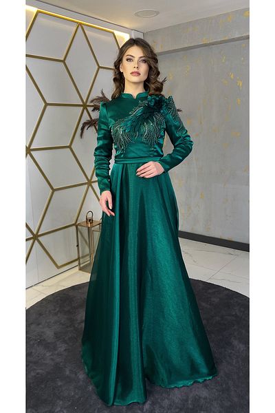 Surikka Flower Detailed Hijab Evening Dress Emerald