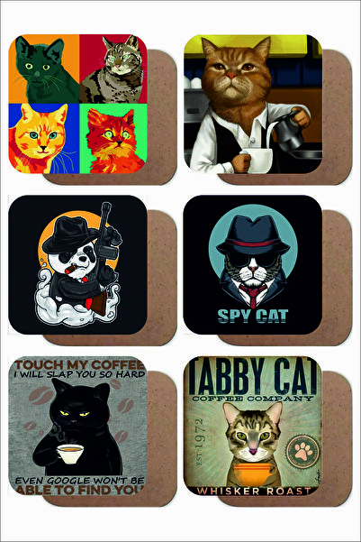 UNT طقم قاعدة أكواب خشبية بتصميم قطة مكون من 6 قطع