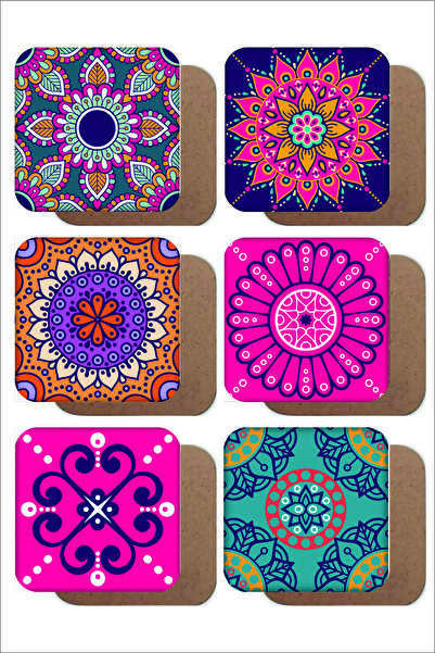 UNT Mandala Themed Vintage Set of 6 Wooden Coasters