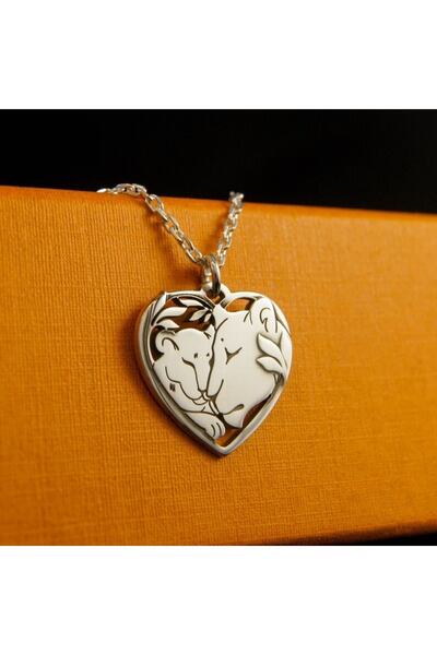 N!da Jewelry 925 Ayar Gümüş Kalp Çift Aslan Kolye