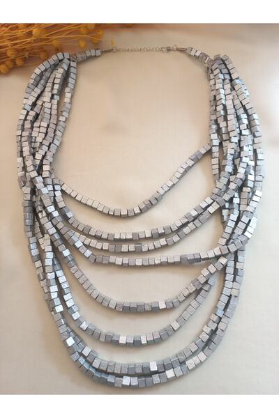 İPAR AKSESUAR 8 Sıra Bambu Silver Ahşap Çoklu Kolye