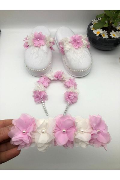 ArdaStore Maternity Set Pink White Floral Maternity Set Crown Slippers Bandana Set – Maternity Set – Maternity Set – L