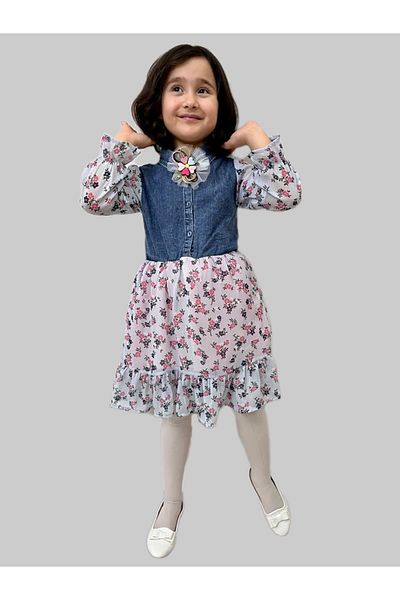 Esterella Rochie de blugi pentru fete/ rochie din denim cu guler cămașă/ rochie din șifon cu imprimeu floral/ este cu cataramă