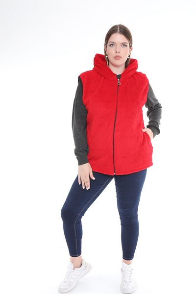 xlargebutik Plus Size Women's Clothing Red Plush Fleece Vest Yn