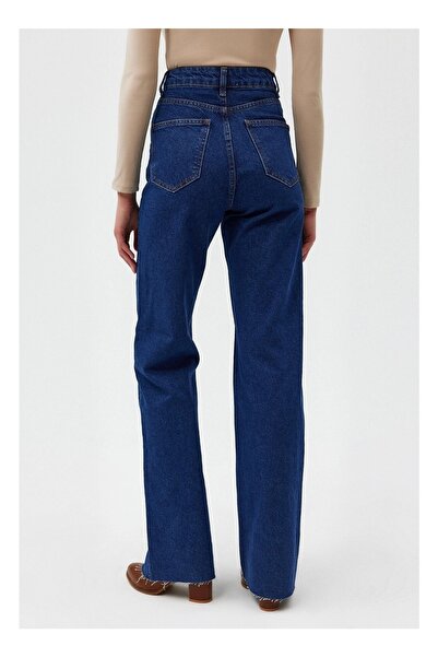 Trn JNS Blugi Lock Albastru Inchis Talie Inalta Pantaloni Denim Picior Lat Blugi Palazzo Lycra