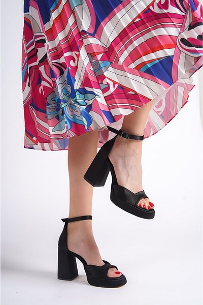 BAKGİY Pantofi cu toc cu platformă de damă din satin negru Bg1115-119-0001
