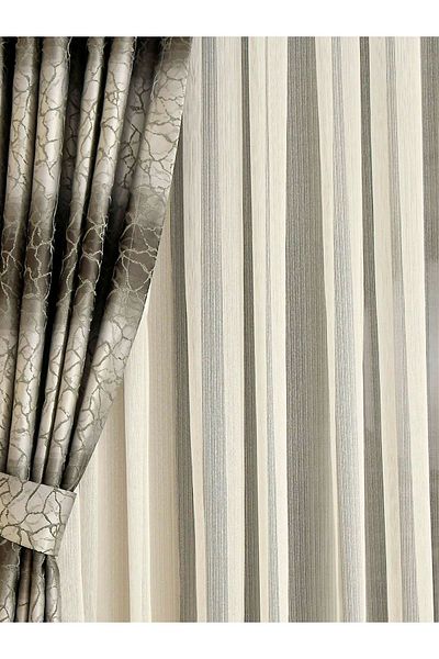 Cortibo Linen 10 Light Striped Plain Tulle Curtain Without Pleats