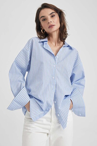 DeFacto Koszula oversize w paski z długim rękawem, popelinowa, 100% bawełny