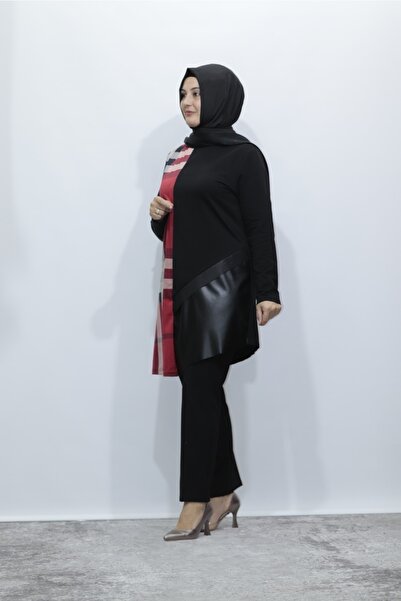 Zey&Ka Butik Büyük Beden Kare Garnili Derili Penye Tunik