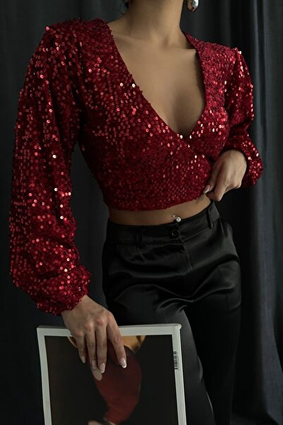 lovebox Women's Red V-Neck Sequined Blouse 5384