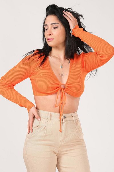 Giyim Dünyası Tricotaj Crop Portocaliu Cardigan de damă - cu șireturi în față