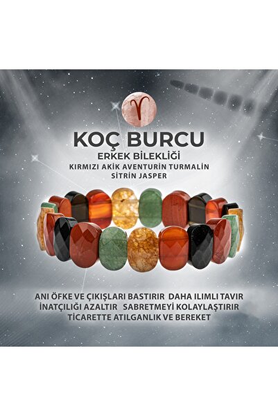 Deniz Doğal Taş Certified Aries Natural Stone Wide Cut Men's Bracelet