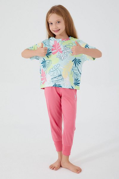 U.S. Polo Assn. Baza. Set de pijamale cu mâneci scurte pentru fete, verde deschis, cu modele de frunze Polo Assn