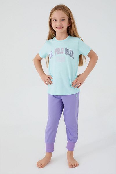 U.S. Polo Assn. Baza. Set de pijamale cu mânecă scurtă pentru fete, cu detaliu de mărgele Polo Assn, turcoaz