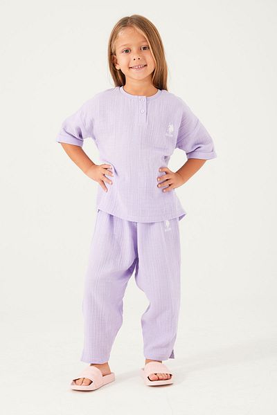 U.S. Polo Assn. U.s. Polo Assn Thin Strip Lilac Girl's Short Sleeve Pajama Set