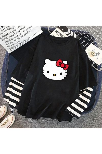 Touz Moda Unisex černé tričko s falešnými rukávy s potiskem Hello Kitty Head
