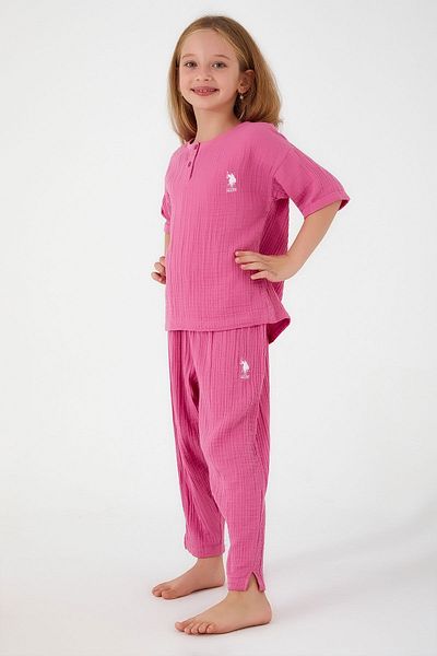 U.S. Polo Assn. U.s. Polo Assn Thin Strip Fuchsia Girl's Short Sleeve Pajama Set