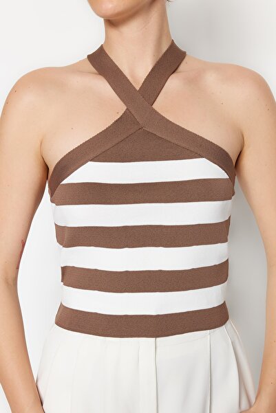 Trendyol Collection Καφέ Crop ριγέ Πλεκτό Μπλούζα TWOSS23BZ00662