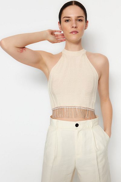 Trendyol Collection Ecru Crop Stone Detailní pletenina Pletená tenká halenka TWOSS23BZ00601