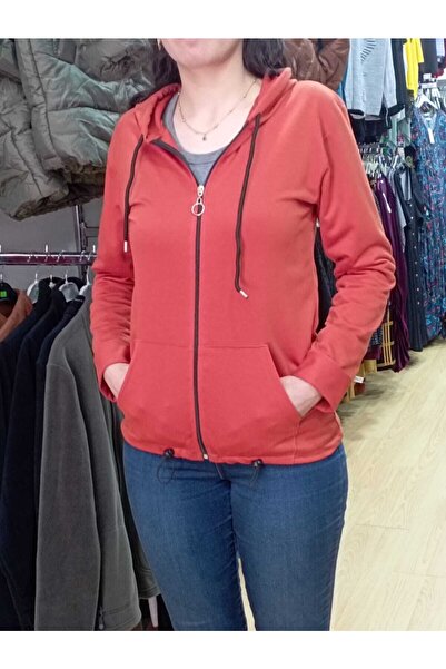 NUR TEKSTİL Kadın Kiremit Önü Fermuarlı Pamuklu Penye Kapüşonlu Sweatshirt