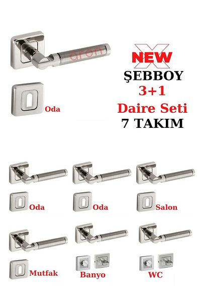 ARON (7 Sets) Sofuoğlu Square Şebboy Door Handle (3+1) Circle Set Stainless Nickel Satin Aluminum / Steel