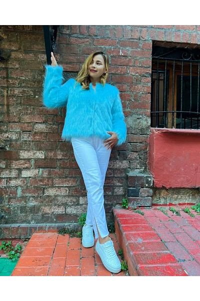 NARKISS Jachetă de blană artificială fără guler albastru deschis cu căptușeală