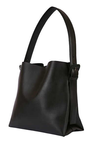 ARTON Women's Black Soft Leather Large Size Shopper Shoulder Bag with Snap Fasteners and Zipper Interior Compartment