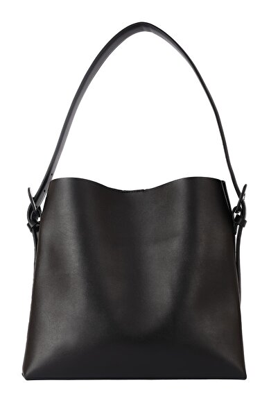 ARTON Women's Black Soft Leather Large Size Shopper Shoulder Bag with Snap Fasteners and Zipper Interior Compartment