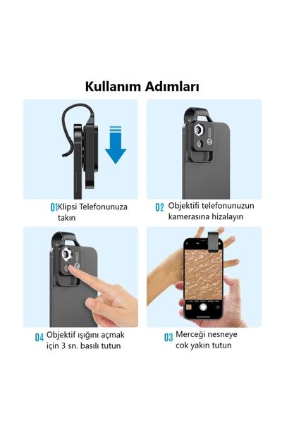 Genel Markalar 200x Hd Led Işıklı Taşınabilir Cep Telefonu Mikroskobu Cpl Lens (siyah)