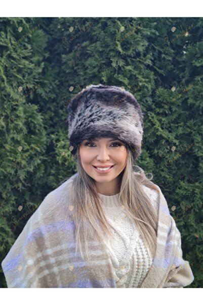 sevaradekor Women's Plush Beret Faux Fur Hat Kalpak Black White Women's Beret