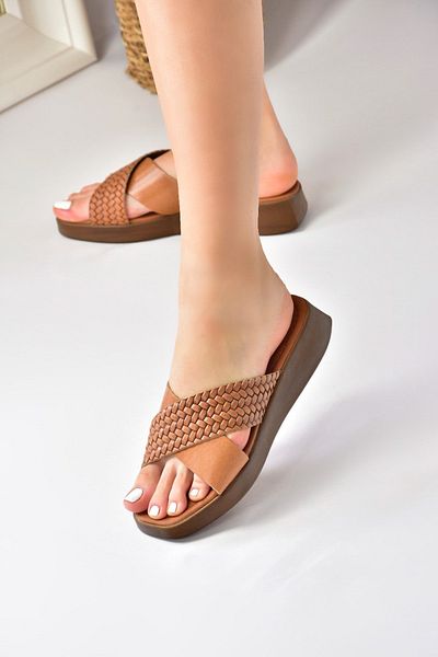 Fox Shoes Tan Genuine Leather Cross Banded Women's Slippers M291049903