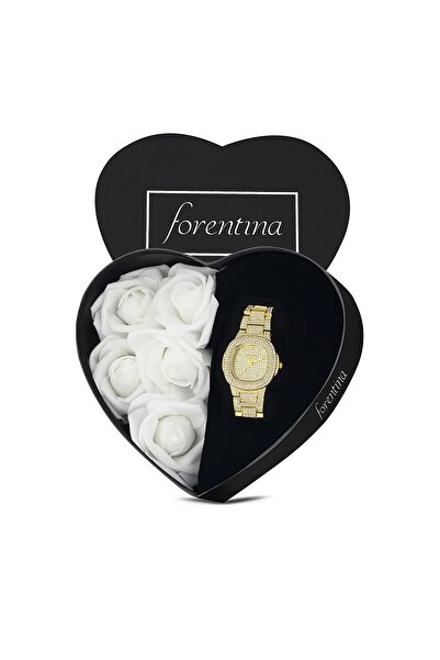 Forentina Sarı Metal Taşlı Kol Saati - Kalpli Güllü Kutu Ps2733