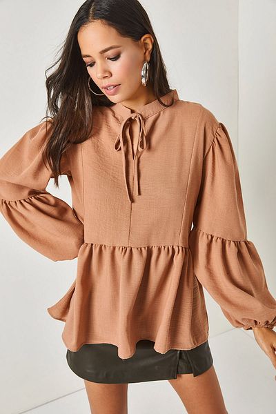 Olalook Women's Camel Collar Lace Up Balloon Sleeve Loose Linen Blouse BLZ-19002170