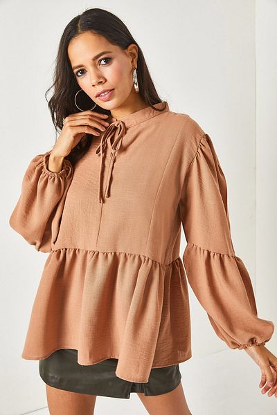 Olalook Women's Camel Collar Lace Up Balloon Sleeve Loose Linen Blouse BLZ-19002170