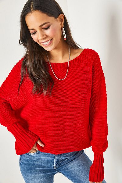 Olalook Women's Red Sleeve Detailed Honeycomb Knit Sweater KZK-19000399